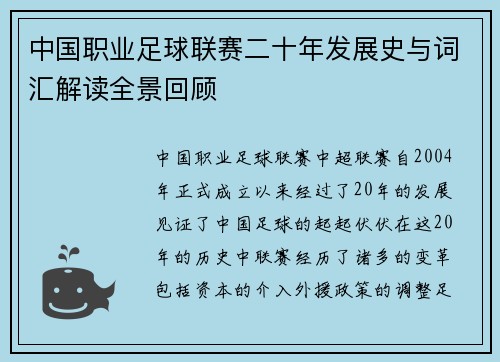 中国职业足球联赛二十年发展史与词汇解读全景回顾